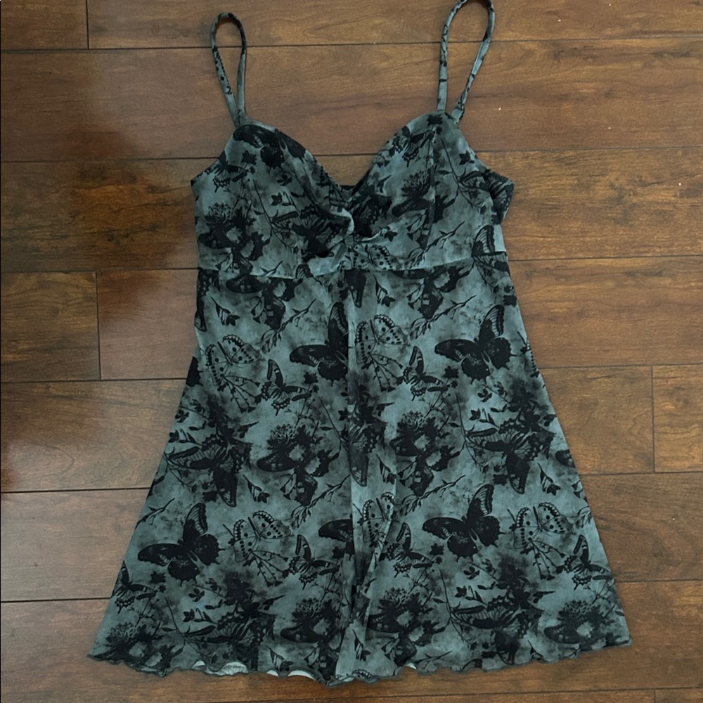 Cosmic Aura Dark Butterfly Floral Mesh Cami Dress Y2K Whimsigoth Fairy Grunge